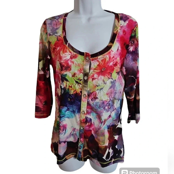 Y2K Artsy Floral Button Down Blouse Medium Boho Whimsygoth Preppy Red Black Top - Picture 2 of 6